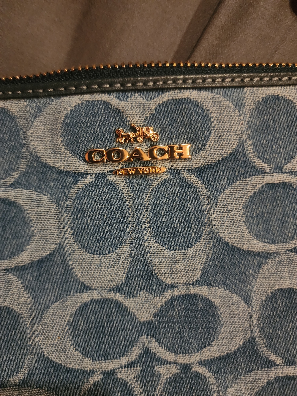 COACH Blue Signature Denim Wristlet with Tan Strap - Picture 4 of 5